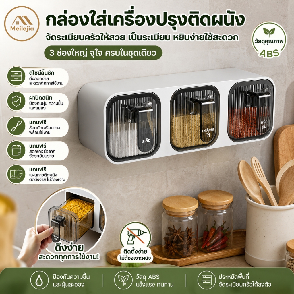 กล่องใส่เครื่องปรุงติดผนัง แบบ 3 ช่อง ดึงใช้งานง่าย กันชื้น พร้อมช้อนและสติกเกอร์ ไม่ต้องเจาะผนัง