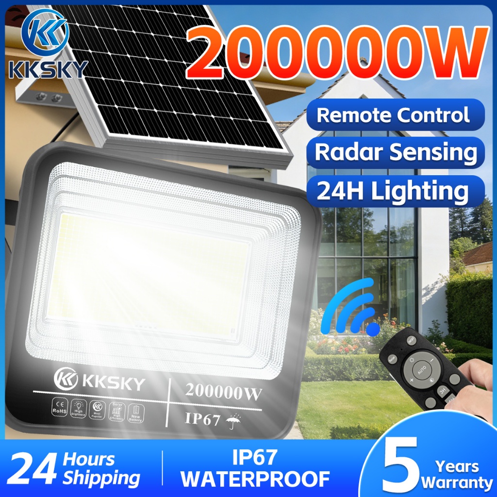 KKSKY ไฟถนนโซล่าเซลล์ LED 200000W 80000W แสงที่แข็งแกร่ง ด้วยรีโมทคอนโทรล ไฟเซ็นเซอร์ Solar Light โคมไฟถนน IP67 กันน้ำ