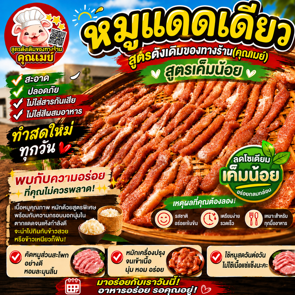 หมูแดดเดียว 1 กิโล สูตรเค็มน้อย รสชาติกลมกล่อม สะอาด ปลอดภัย ไม่ใส่สารกันเสีย  ทำสดใหม่ทุกวัน