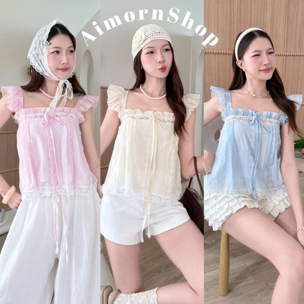 🔥aimorn_shop🔥 เสื้อสายเดี่ยวเจ้าหญิง ผูกโบว์ด้านหน้า แต่งขอบลูกไม้ งานผ้าโรซี่ ลายลูกไม้น่ารักๆ