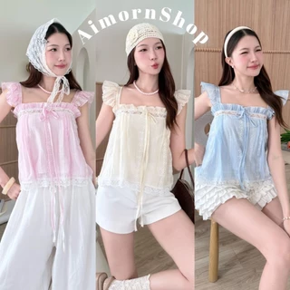 🔥aimorn_shop🔥 เสื้อสายเดี่ยวเจ้าหญิง ผูกโบว์ด้านหน้า แต่งขอบลูกไม้ งานผ้าโรซี่ ลายลูกไม้น่ารักๆ