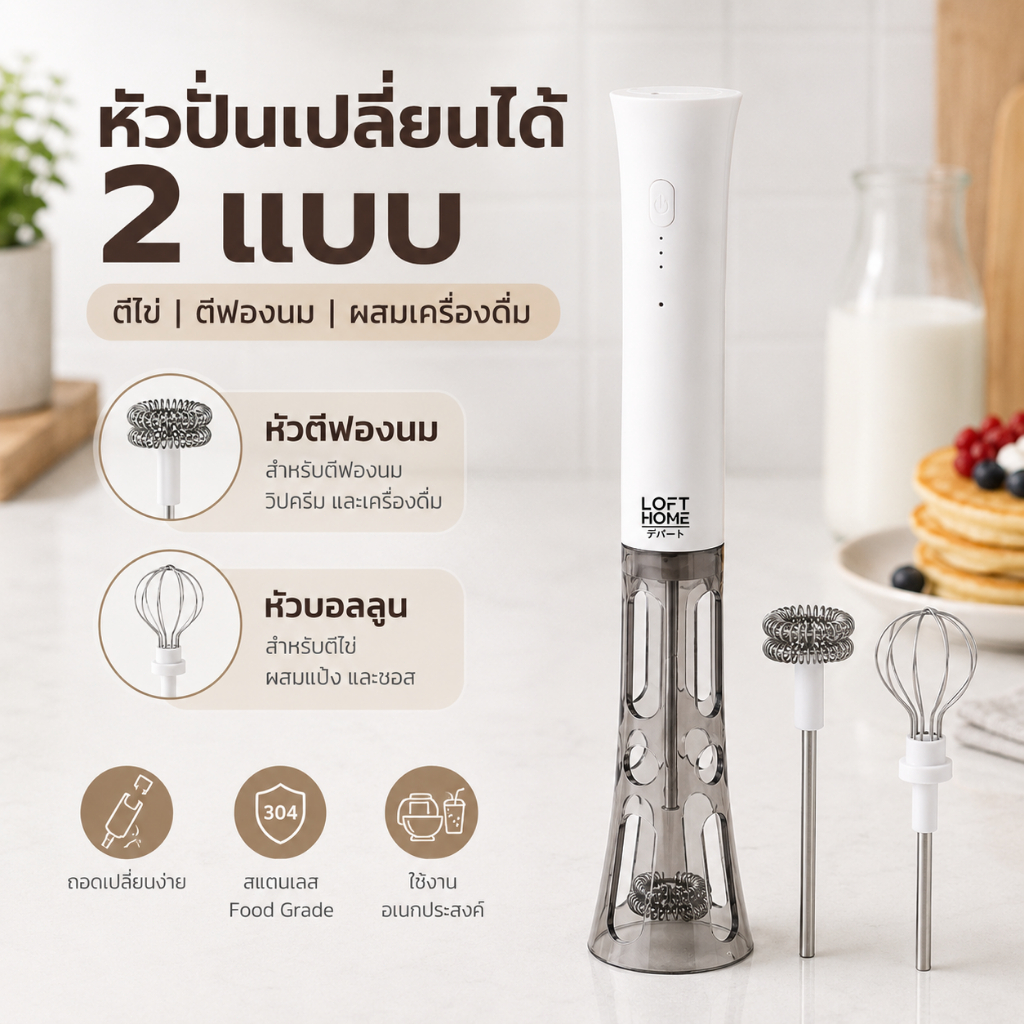 เครื่องตีฟองนมไฟฟ้า แบบมือถือ ไร้สาย วัสดุสแตนเลส Food Grade ใช้งานง่าย จับถนัดมือ