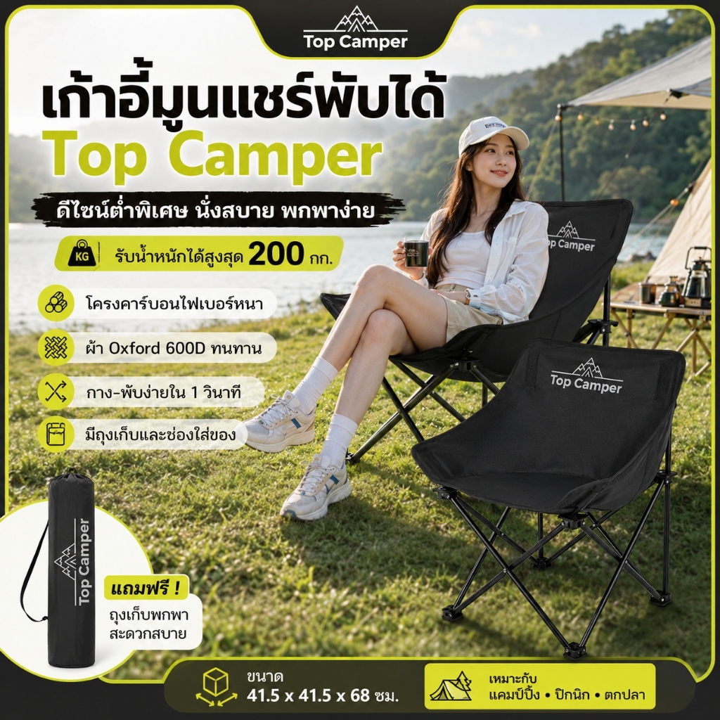 2026 Topcamper เก้าอี้แคมป์ปิ้ง พกพาง่าย แบบพับได้ ท่ออลูมิเนียมหนา รับน้ำหนัก 300KG แถมถุงเก็บ