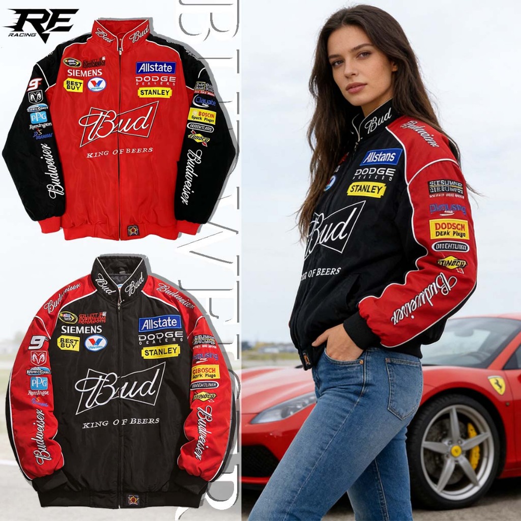 F1 Budweiser เสื้อแจ็คเก็ตปักผู้ชาย สไตล์เรซซิ่งวินเทจ เสื้อกันลมแขนยาว ใส่ได้ทั้งชายและหญิง มีซิป สำหรับเดินป่า