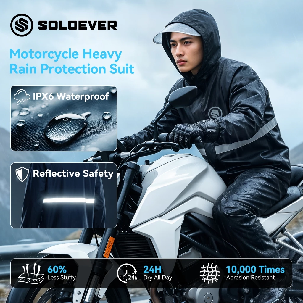 ​SOLOEVER เสื้อกันฝน 2ชิ้น กันน้ำ100% ฮู้ดปรับได้ เหมาะสำหรับขี่ ผู้ชาย ผู้หญิง สวมใส่สบาย ราคาพิเศษ thumbnail 4
