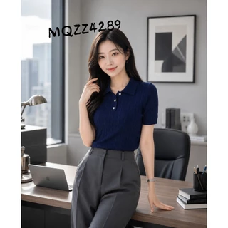 MQzz4289 *พร้อมส่ง* เสื้อไหมพรมแขนสั้นคอปก ถักลายเคเบิ้ล ทรงสวย ใส่สบาย Freesize