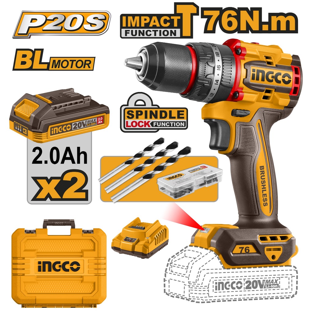 รุ่นใหม่ INGCO สว่านกระแทกไร้สาย 20V แรงบิด แรงบิดสูงถึง 76 Nm มอเตอร์บัสเลส (BL Motor) รุ่น CIDLI207686 ครบชุดแบต 2ah*2