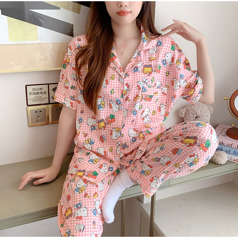 ชุดนอนสไตล์เกาหลี ผ้าไหมญี่ปุ่นนุ่มใส่สบาย แขนสั้น ขายาว บิ๊กไซส์ L-4XL ส่งไว