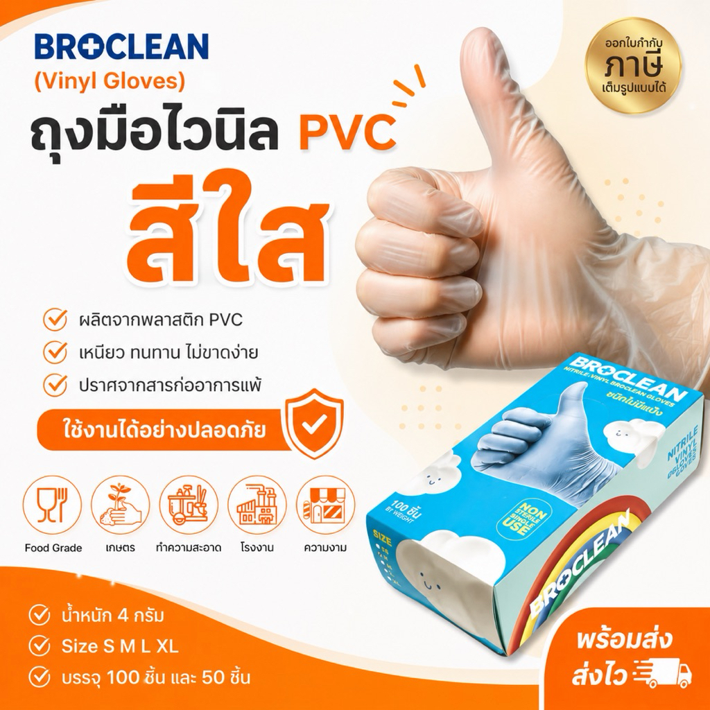 ถุงมืออเนกประสงค์ ถุงมือไนไตรไวนิล PVC ถุงมืออย่างหนา สีใส Broclean ไม่มีแป้ง ส่งไวพร้อมส่ง⚡️ ราคา ถูกที่สุด ดีลบีเคเค แกลเลอรีภาพที่ 8