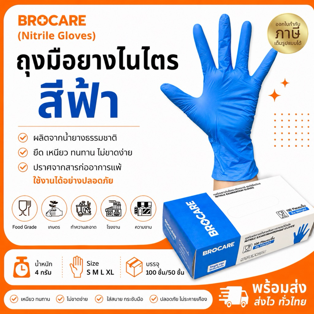 ถุงมือไนไตรแท้ สีฟ้า Brocare ชนิดไม่มีแป้ง อเนกประสงค์ สัมผัสอาหารได้ เก็บขี้ยาง ( ส่งไวพร้อมส่ง⚡️)