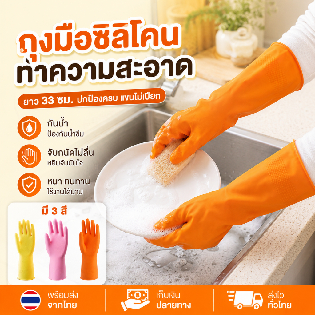 Siam ถุงมือยางหนา ยาว 33 ซม. กันน้ำ จับถนัดมือ ไม่ลื่นหลุด สำหรับล้างจาน ทำความสะอาดบ้าน พร้อมส่งจากไทย