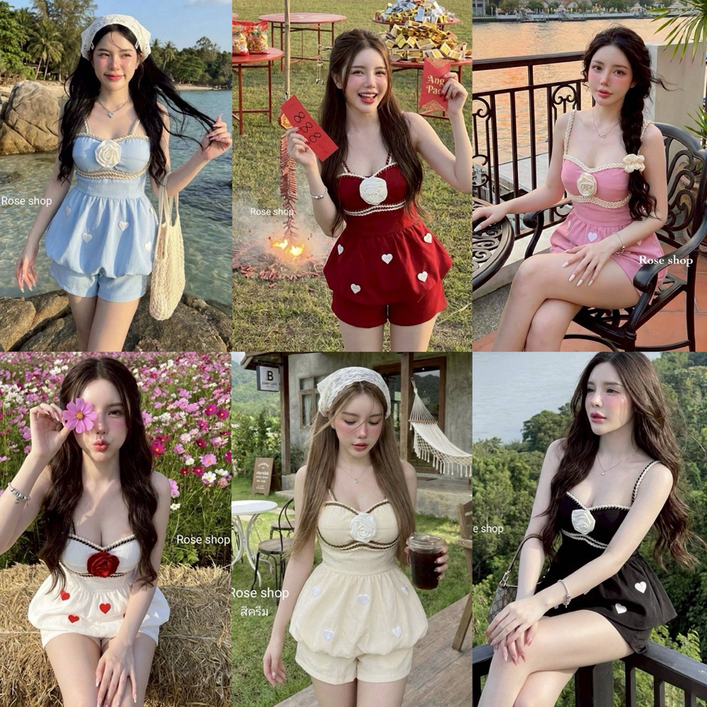 เซท 2 ชิ้น ผ้าครัช งานสายเดี่ยว ถักเปีย แต่งดอกไม้ ชายเสื้อแต่งหัวใจ สวยเลิศ มากคะ มาพร้อมกางเกงขาสั้น เอวสม็อค
