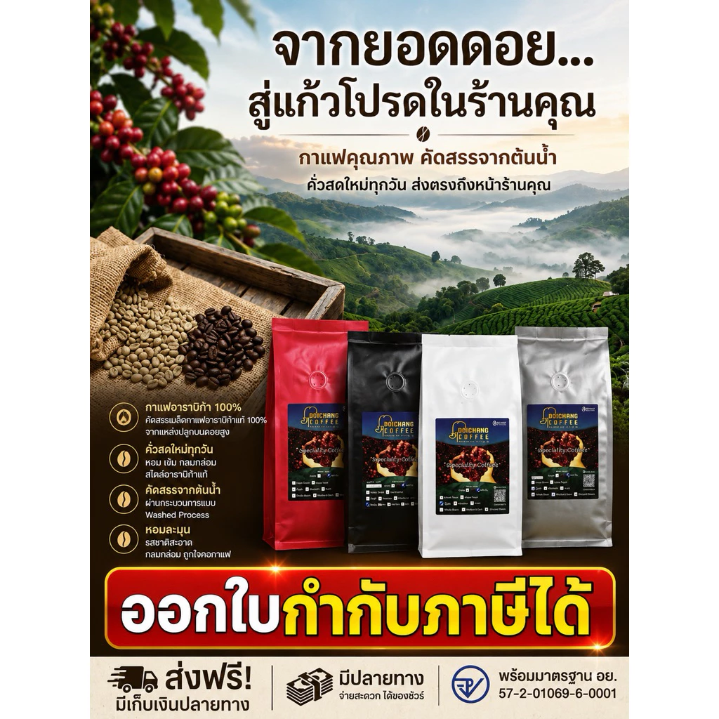 เมล็ดกาแฟคั่วดอยช้าง (Aรวม) (500 g.)