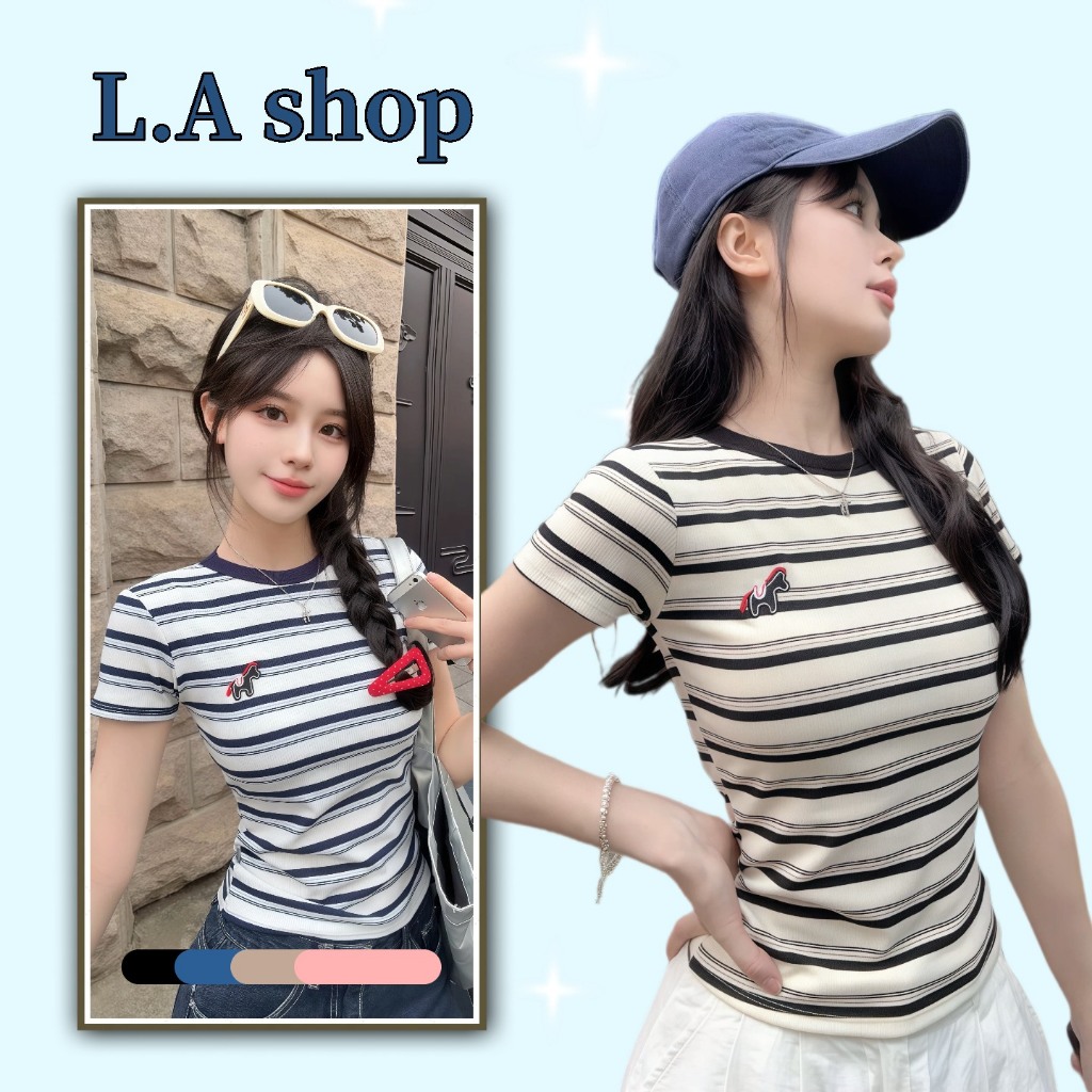 L.A Shop★พร้อมส่ง เสื้อแขนสั้น เสื้อยืดคอกลม ดีไซน์ลายทาง ผ้าใส่สบาย เสื้อยืดคอกลม-FY5018