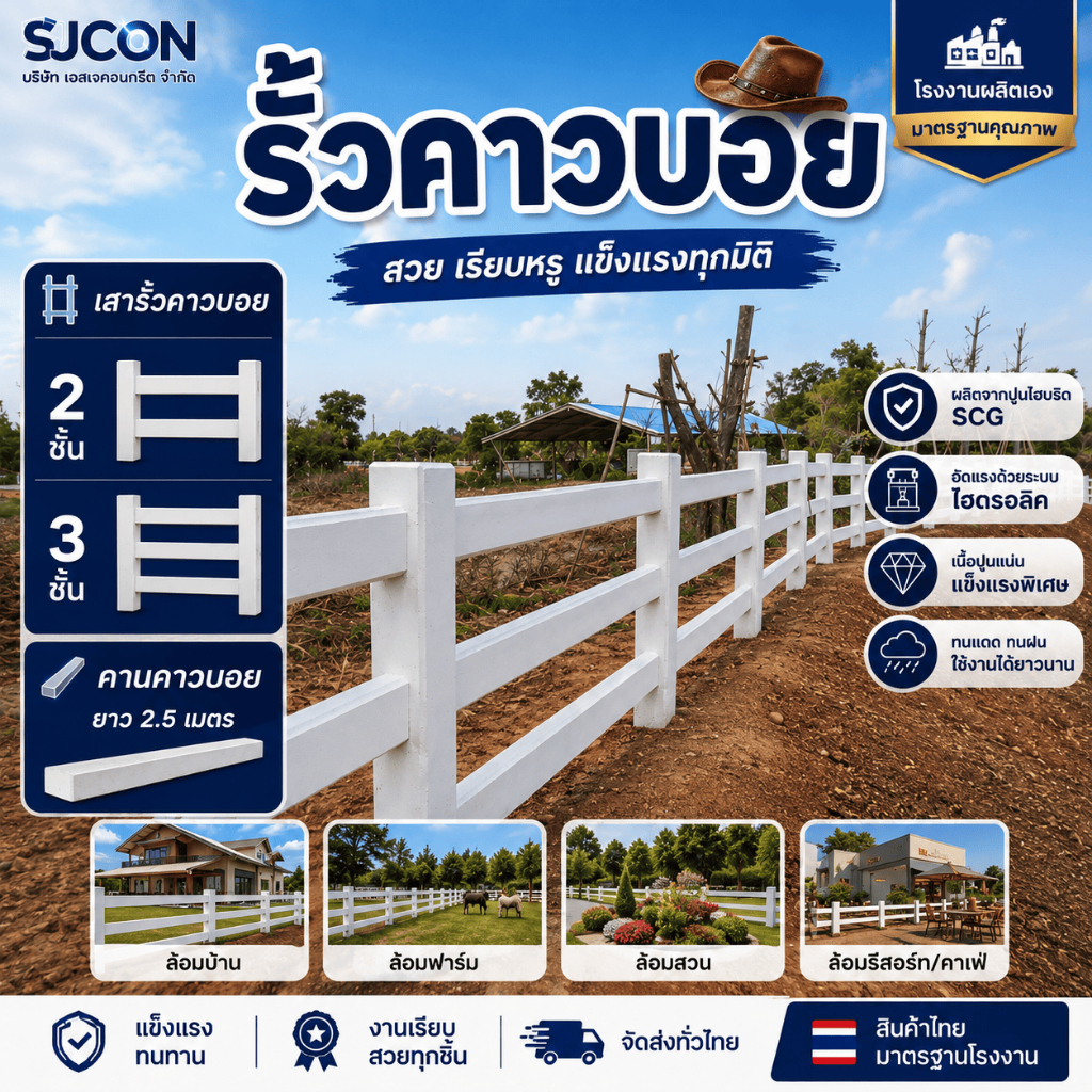 เสารั้วคาวบอยอัดแรง รุ่นคาน3ชั้น คาน2ชั้น คานคาวบอย2.5เมตร By SJ Concrete