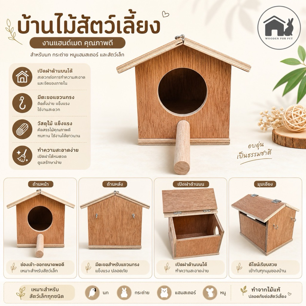 บ้านนก รังนอน บ้านไม้สัตว์เลี้ยง นก กระรอก ชูการ์ไกรเดอร์ ชินชิล่า เลิฟเบิร์ด  มีคอนยืนเปิดฝ่าบนได้