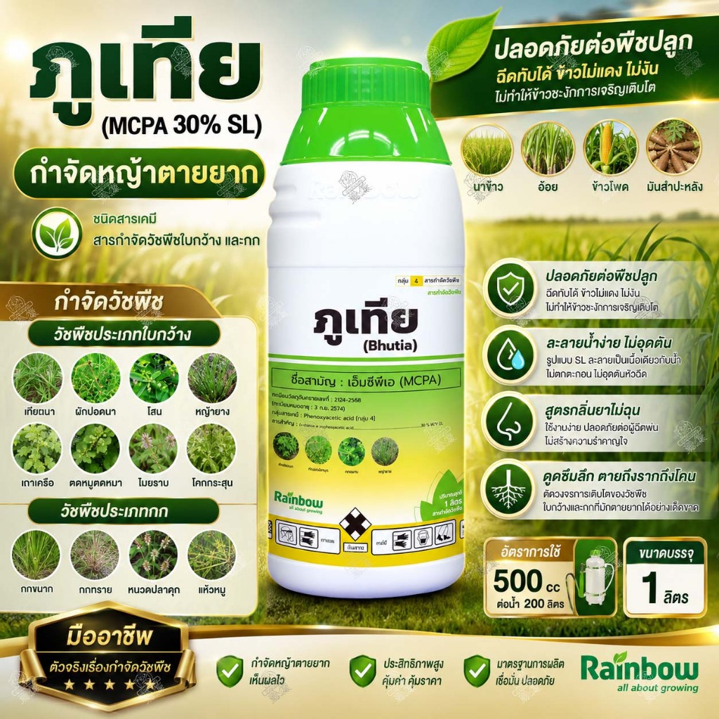 เอ็มซีพีเอ 30% SL แม็ค-คลาส 1 ลิตร MCPA ฆ่าหญ้าใบกว้าง กก หนวดปลาดุก แห้วหมู ข้าวไม่แดง ใช้แบบ เอโซ่