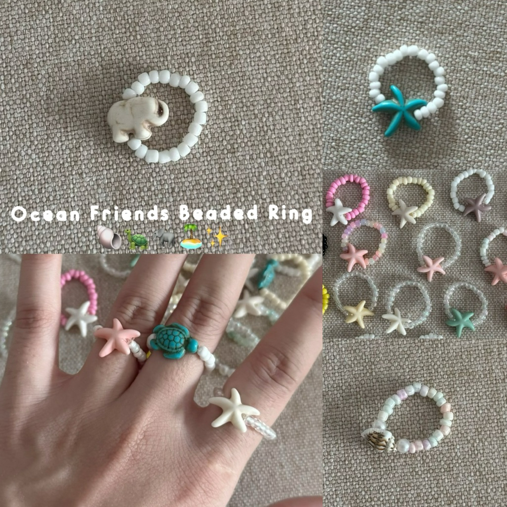 (Ready to Ship🇹🇭) 🔥Boho Beach Handmade Beaded Ring with Sea Charms via - แหวนลูกปัดใส่ไปทะเล ปลาดาว เต่า หอย ดาว💘✨