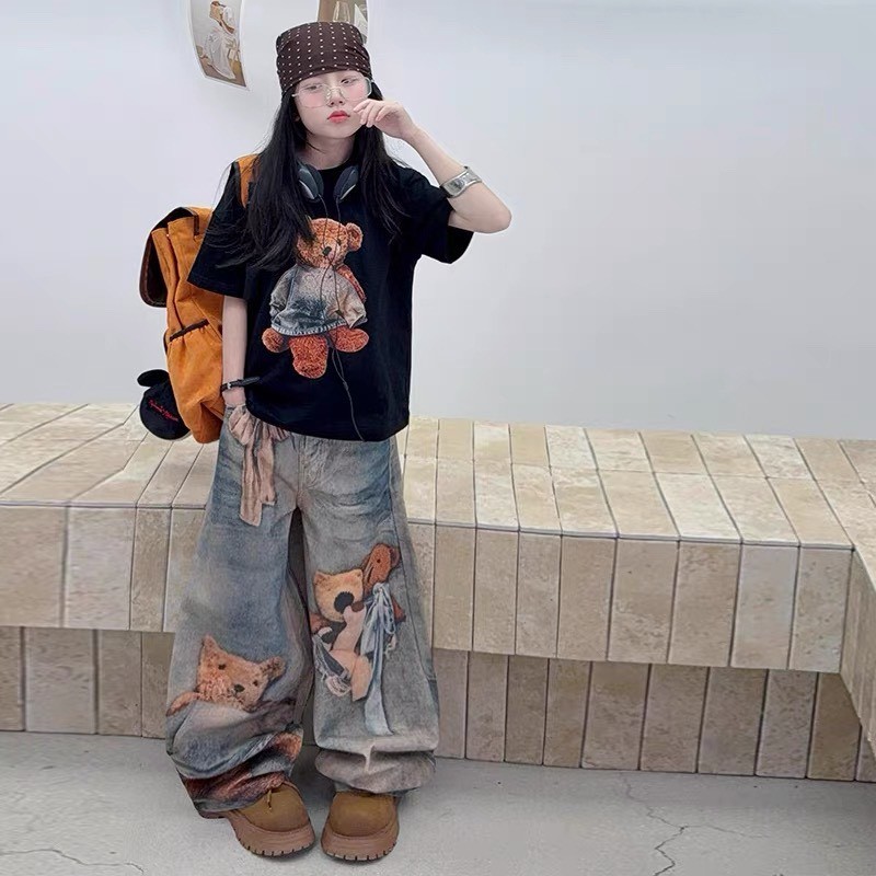 MC279 ชุดเด็กผู้หญิงพร้อมส่ง เสื้อยืดลายตุ๊กตาหมี + กางเกงยีนส์ขายาว