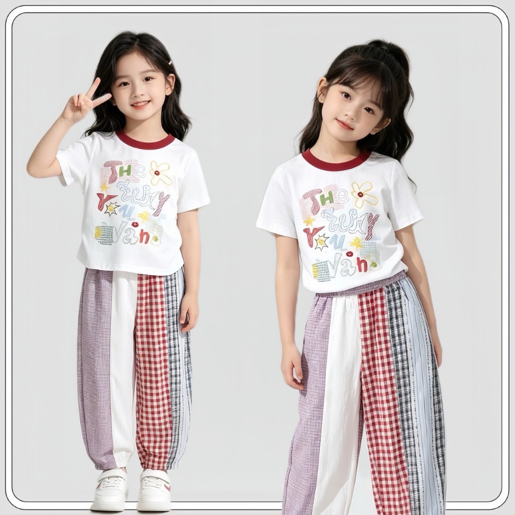 MC281 เซ็ตเสื้อยืดเด็กผู้หญิง + กางเกงขายาวลายผ้าเกาหลี