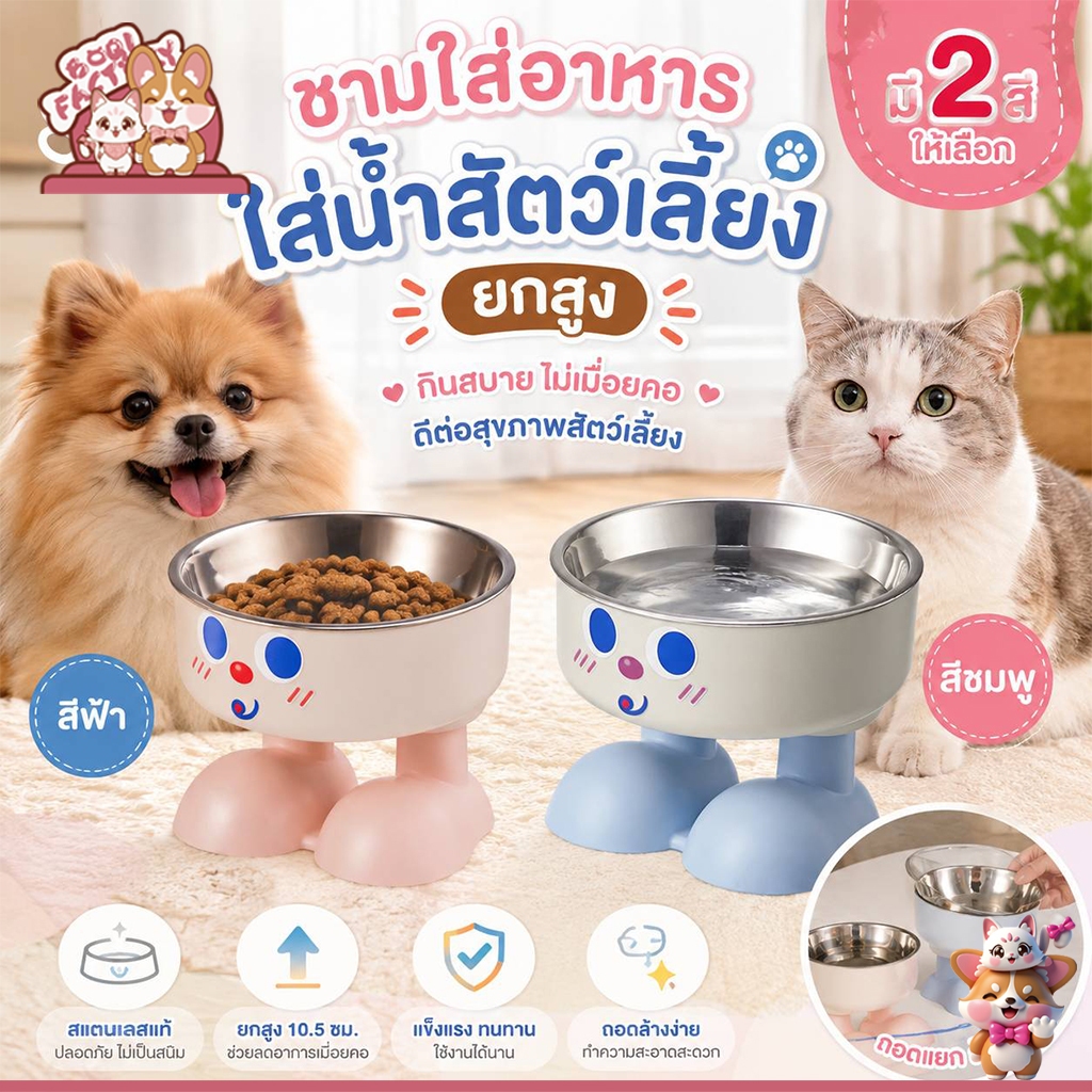 Boqi Factory ชามอาหารสัตว์เลี้ยง ชามอาหารแมว ทรงยกสูง น่ารักมินิมอล ถอดได้ CW7018