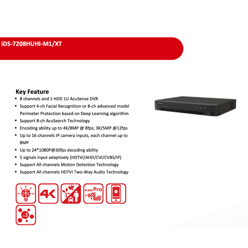 เครื่องบันทึก DVR Hikvision DS-7208HUHI-M1/XT ( DVR 8 ช่อง รองรับกล้อง 5-8 mp )