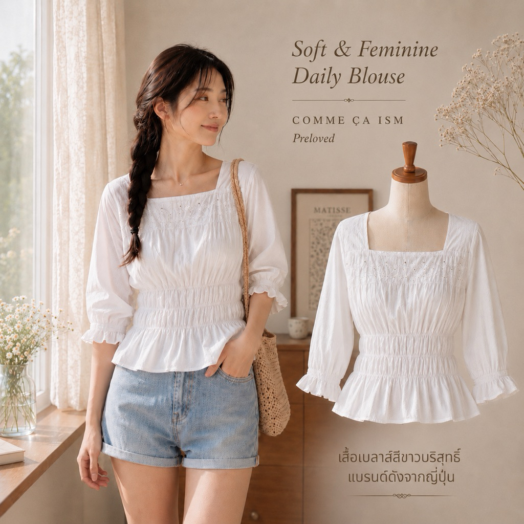 เสื้อคอตตอนขาว COMME ÇA ISM เสื้อเบลาส์ปักฉลุ มือสองสภาพนางฟ้า สม็อกเอวแขนตุ๊กตา สไตล์วินเทจญี่ปุ่น