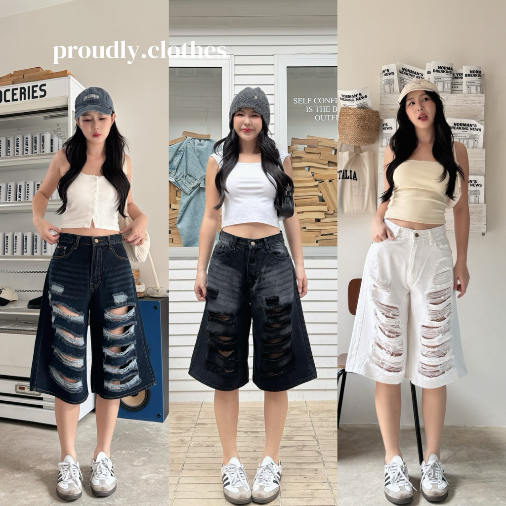 proudly - กางเกงห้าส่วนเนื้อผ้าไม่ยืด detail แต่งขาดความเก๋ความเลิศ