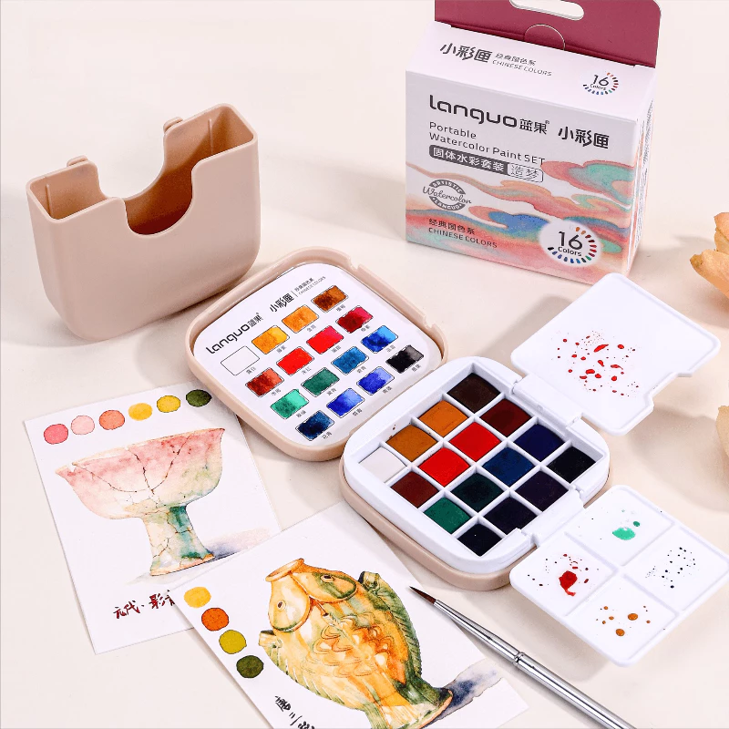 ชุดพาเลทสีน้ําขนาดเล็กสร้างสรรค์ 16 Solid Pigment สีพร้อมแปรงอุปกรณ์ศิลปะแบบพกพา Art นักเรียนวาด
