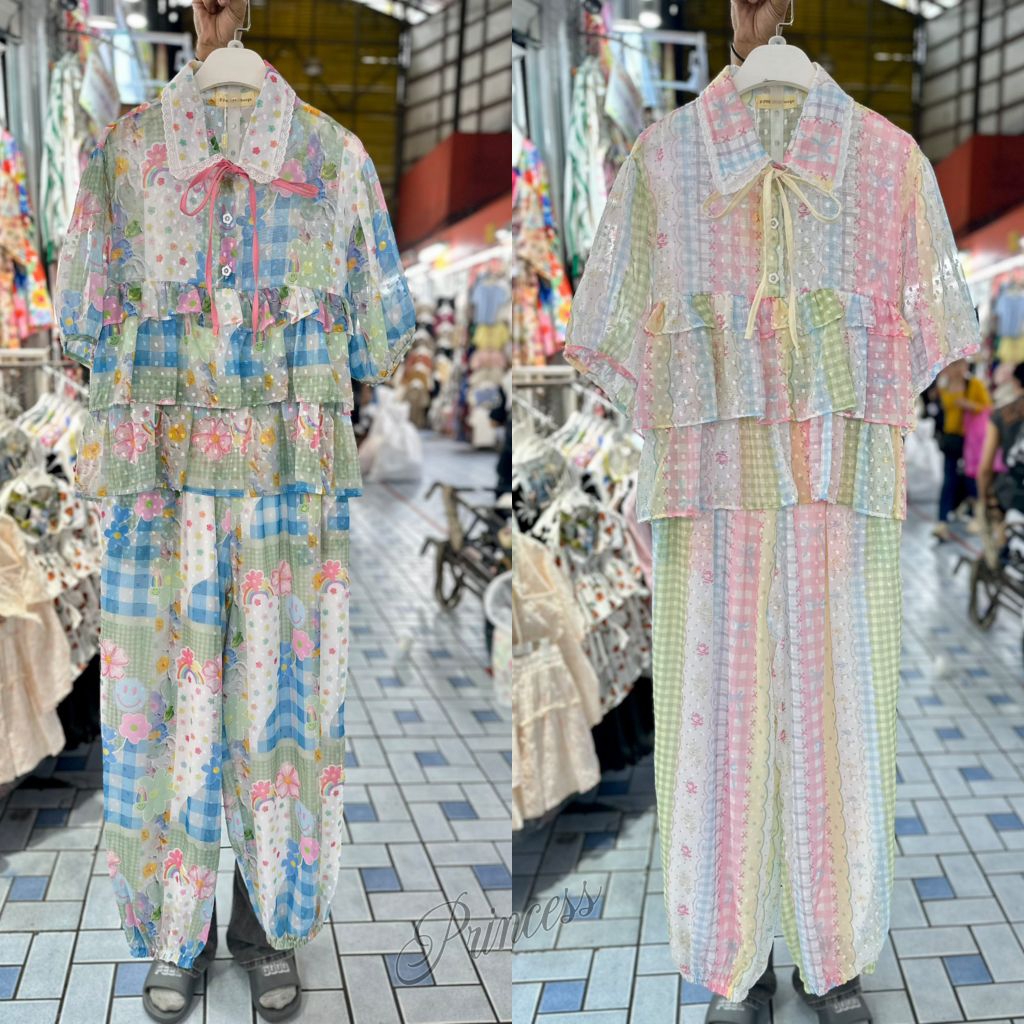 ชุดเซ็ทแฟชั่นสาวอวบ 🤍🩵เสื้อขนมชั้นคู่กับกางเกงขายาวจั๊มทรงจินนี่ น่ารัก ผ้าชีฟองสวย🌺