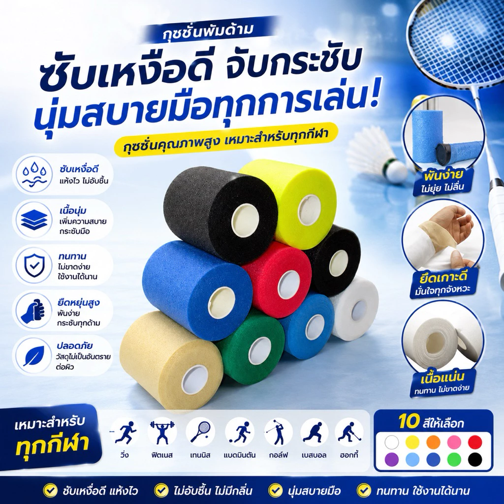 Cushion Wrap เทปโฟม สำหรับพันด้ามไม้แบดมินตันและสำหรับเล่นกีฬา