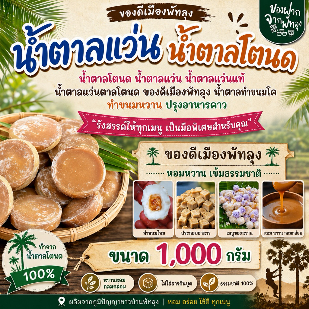 น้ำตาลแว่น น้ำตาลโตนด ขนาด 1,000 กรัม ไม่ผสมน้ำตาลทราย