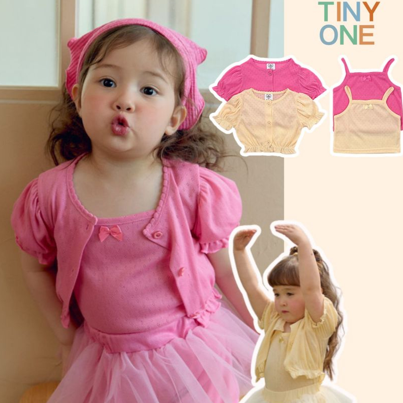 【Tiny One】Girls Korean Style Bow Cami Set เสื้อสายเดี่ยวโบว์ พร้อมเสื้อคลุมแขนสั้น น่ารัก ใส่สบาย Summer Kids