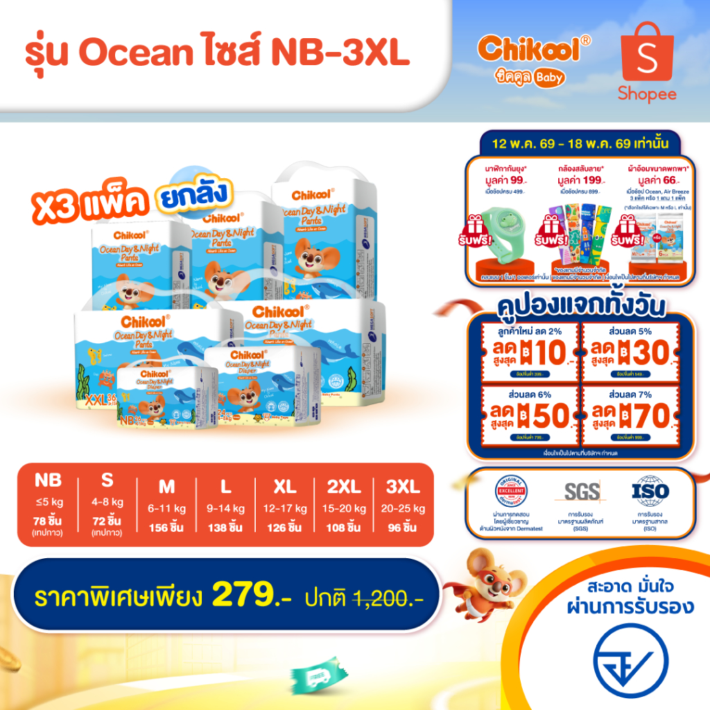 [ขายยกลัง x3 แพ็ค] Chikool Ocean Day&Night Pants ชิคคูล กางเกงผ้าอ้อมเด็ก โอเชียน เดย์&ไนท์ ไซส์ NB-3XL