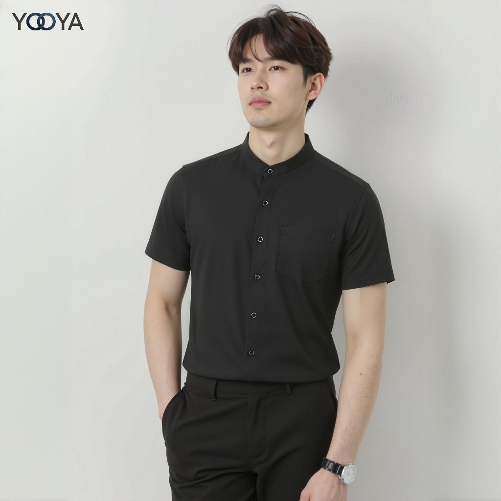 YOOYA เสื้อเชิ้ตทำงานคอจีนแขนสั้น ธุรกิจและการพักผ่อนหย่อนใจ ใส่สบาย ทรงสวย ดูดี เสื้อผ้าแฟชั่นผู้ชาย สไตล์มินิมอล