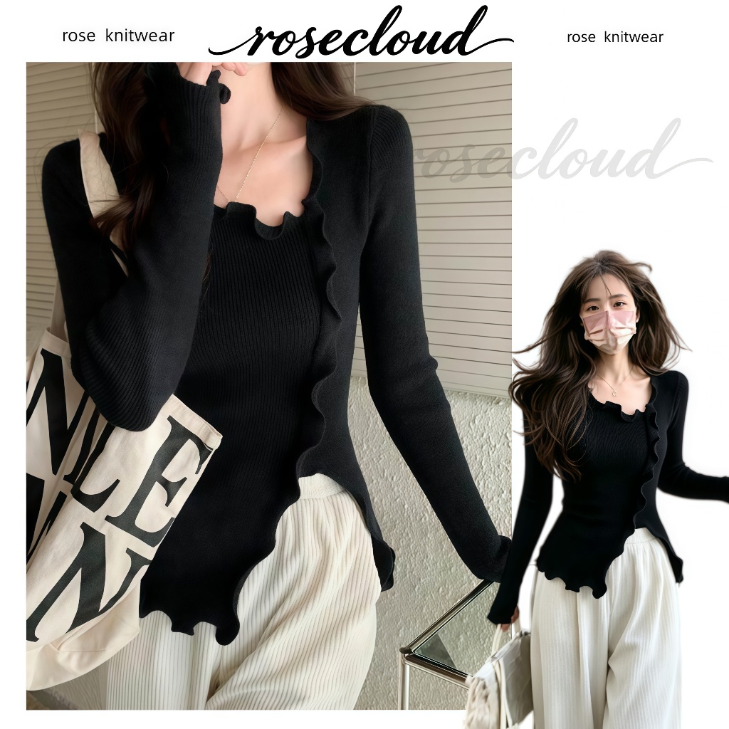 🌟rosecloud🌟เสื้อสเวตเตอร์ถักสไตล์เกาหลีแต่งขอบลูกไม้ สวมใส่สบายและช่วยให้ดูผอมเพรียว เสื้อสเวตเตอร์ถักสำหรับผู้หญิง