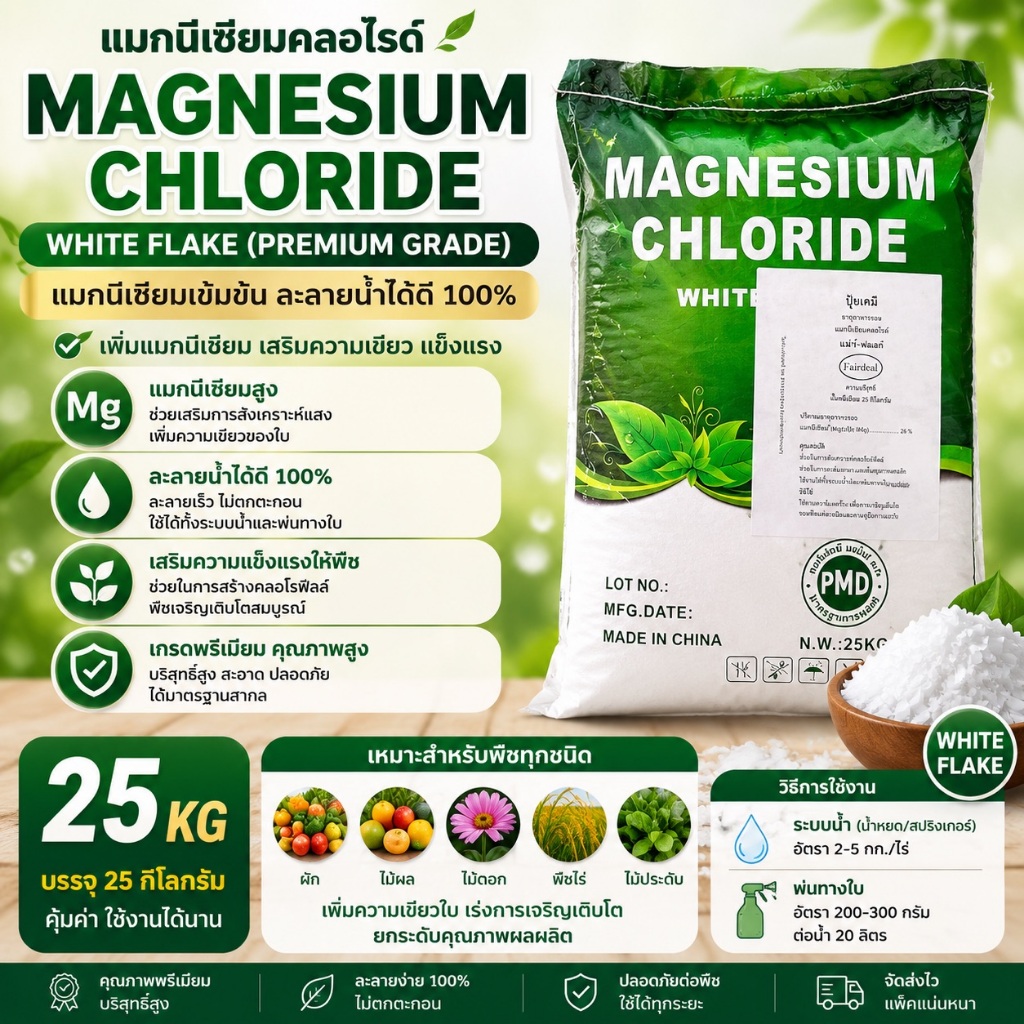 MgCl2 Magnesium Chloride แม็กนีเซียมคลอไรด์ (Premium grade) แบบเกล็ด White Flake บรรจุ 25 กิโลกรัม