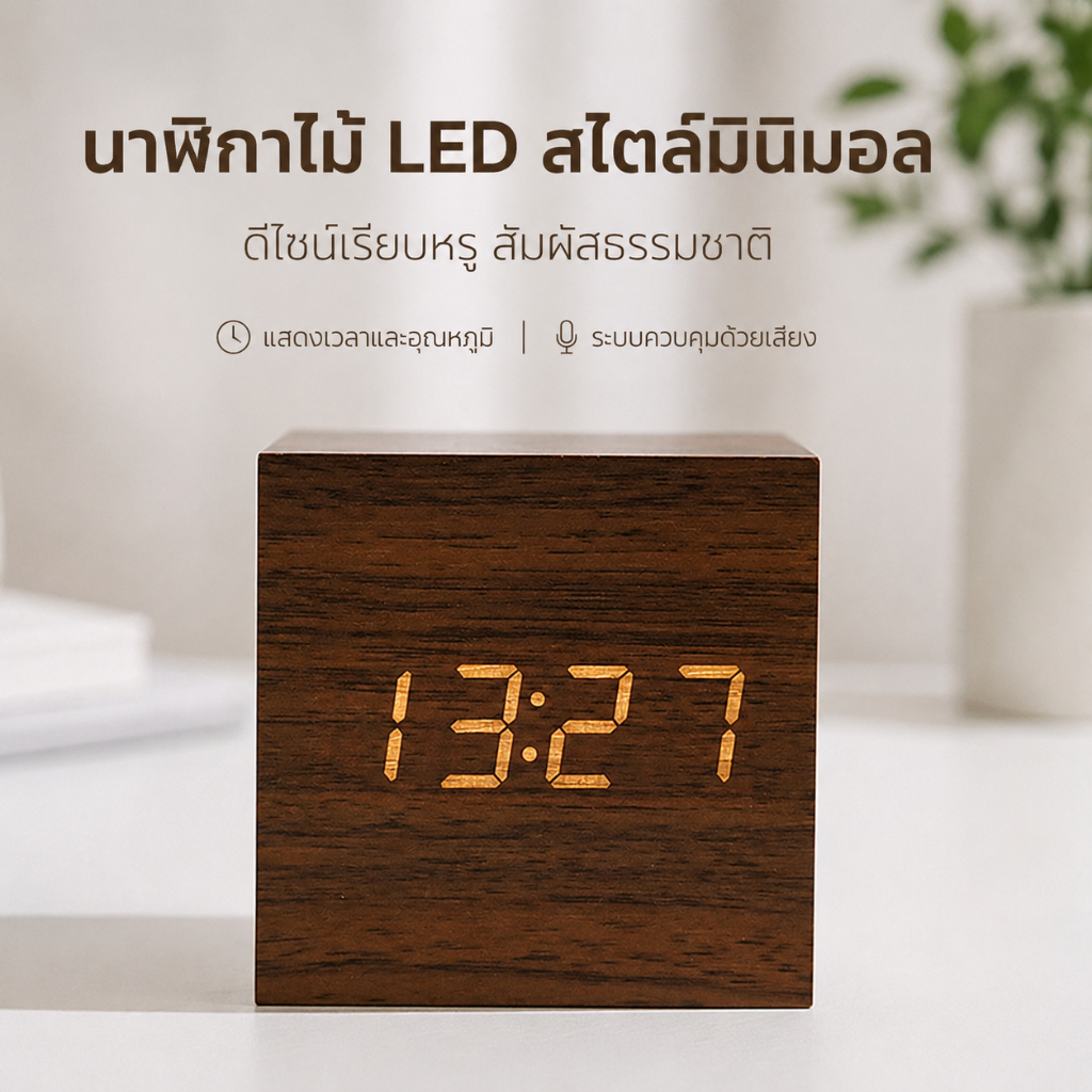 นาฬิกาดิจิตอลไม้สักตั้งโต๊ะข้างเตียงLEDปรับแสงได้แสดงเวลาวันที่อุณหภูมิปิดเสียงได้ดีไซน์มินิมอลของขวัญของแต่งบ้าน