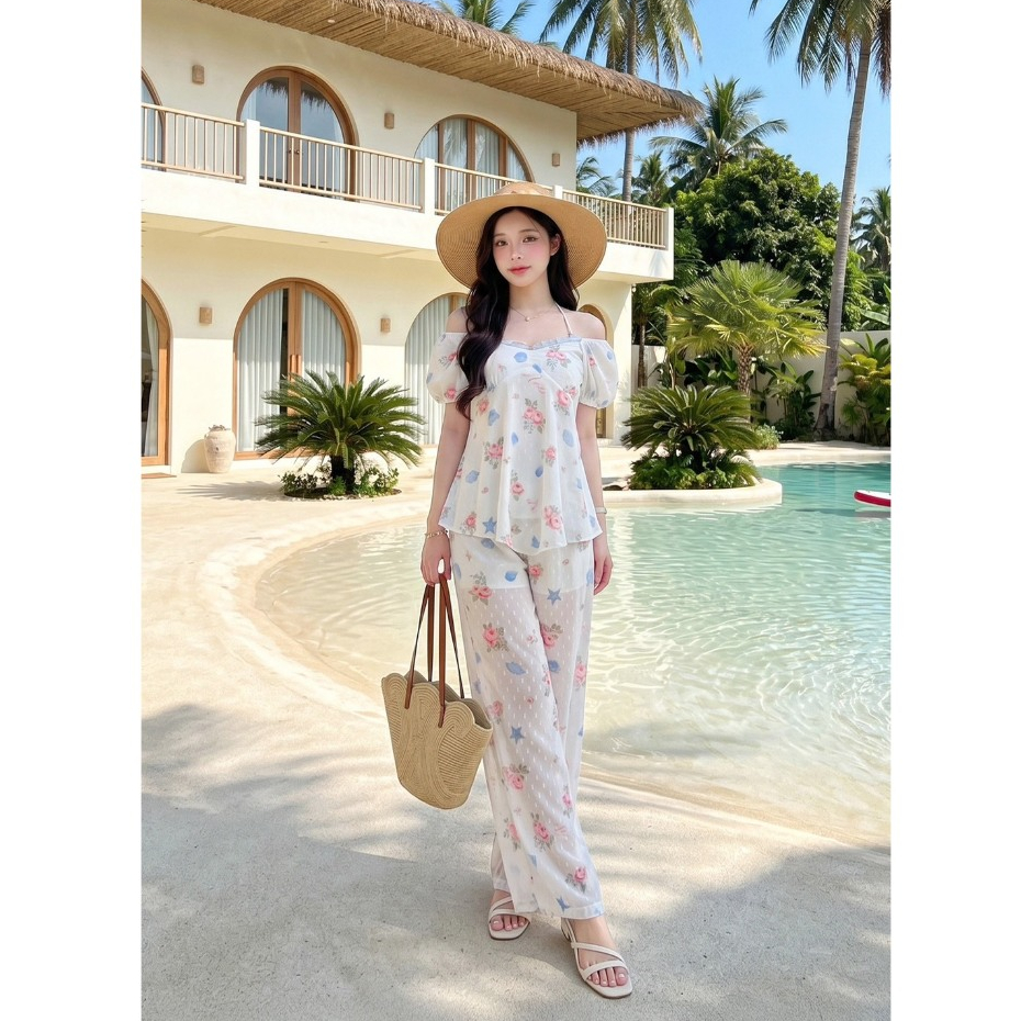 (มี3XL) สีขาว Beach White Set เซ็ต 2 ชิ้น คอตตอนนิ่ม texture เสื้อแขนสั้นมีสายคล้องคอแต่งลูกปัก + กางเกงขายาวมีซับใน