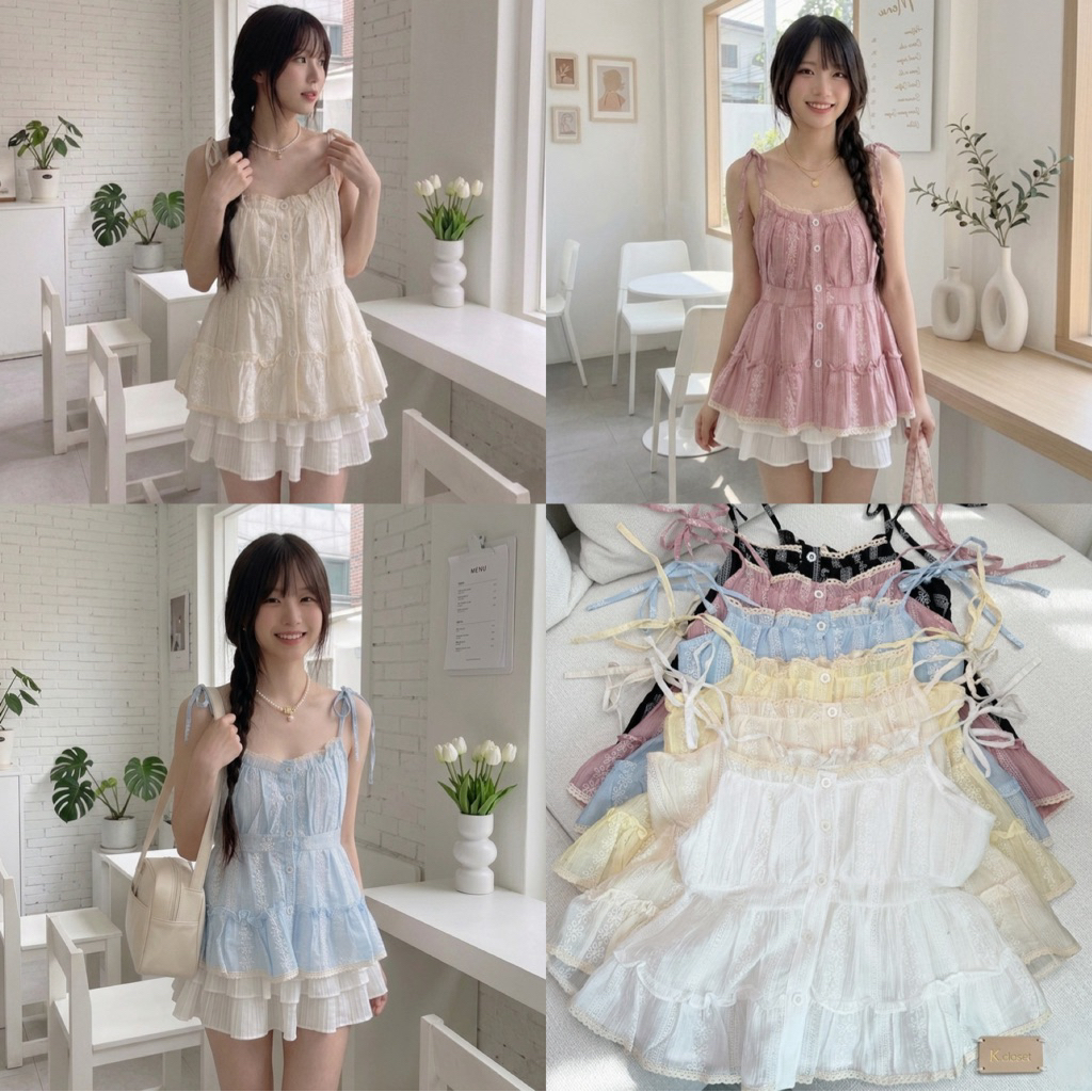 (อก30-36) เสื้อผูกไหล่ผ้าโรซี่พิมพ์ลาย ดีเทลแต่งลูกไม้โคเชน่ารักมาก