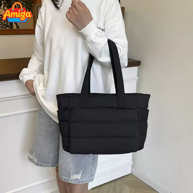 Amiga กระเป๋า กระเป๋าทรงโท้ท Tote bag กระเป๋าผู้หญิง ของขวัญปีใหม่ ใส่โน๊ตบุ๊ค15.6นิ้วมีหลายช่อง กันน้ำ ผ้าไนลอน