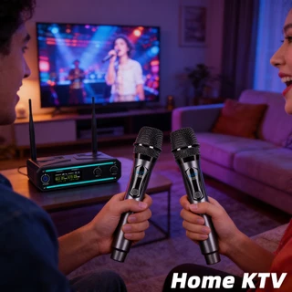 MY1082 ไมโครโฟนไร้สายคู่ UHF ชาร์จได้ ไฟ RGB 7 สี ระยะไกล 50 เมตร สำหรับ KTV ประชุม งานเวที