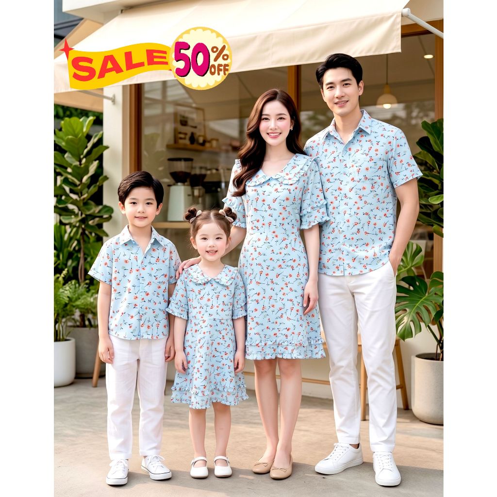 [ Sale 50% ] ชุดแม่ลูก เดรสเกาหลี ลายดอก สีชมพู สีฟ้า หวาน น่ารัก Sweeten Pink Dress