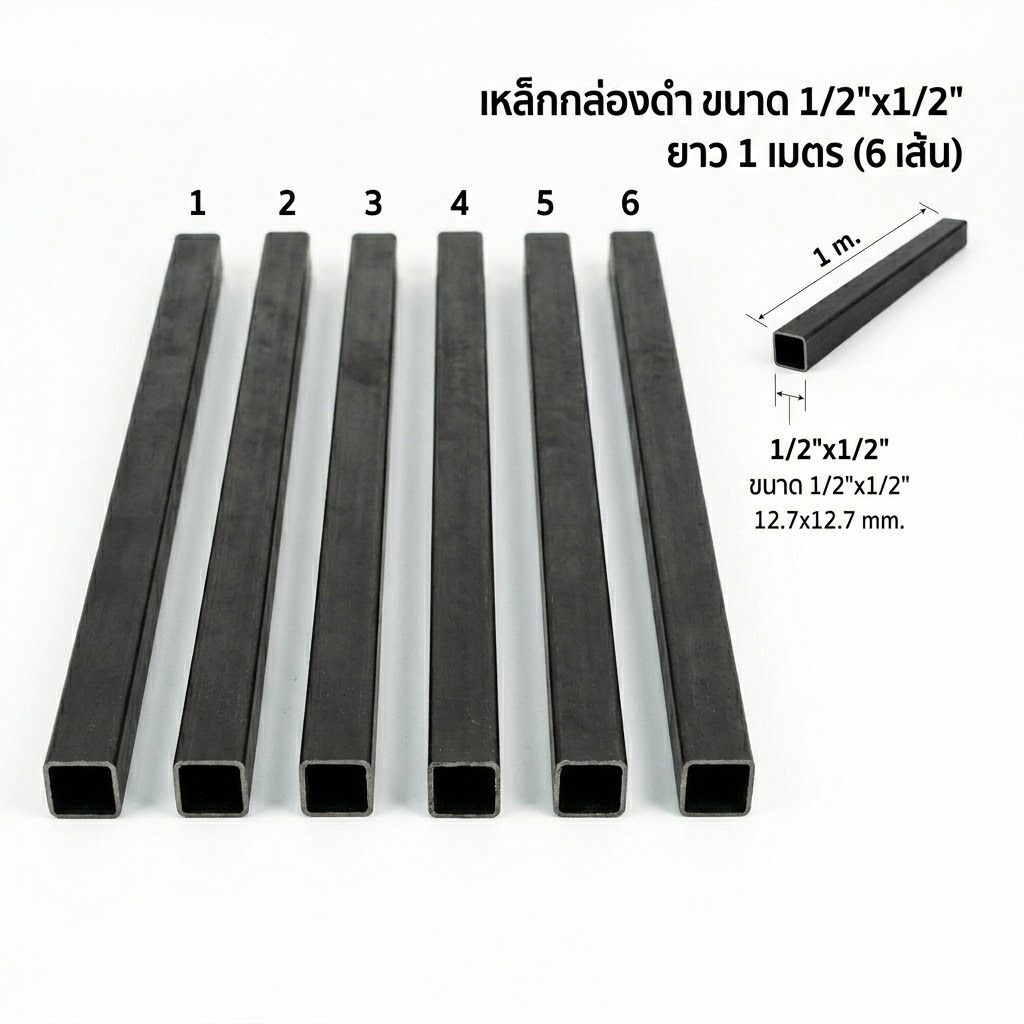 เหล็กกล่องดำ ขนาด 1/2" x 1/2" ขนาด 1.3มิล (เหล็กกล่อง 4 หุน) ราคาต่อ1เส้น **ตัดแบ่ง1เมตรx6ท่อน***
