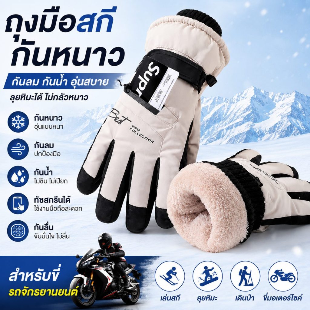 🔥ถุงมือกันหนาว กันลม กันน้ำ ทัชสกรีนได้ กันลื่น สำหรับขี่มอเตอร์ไซค์และเล่นสกี