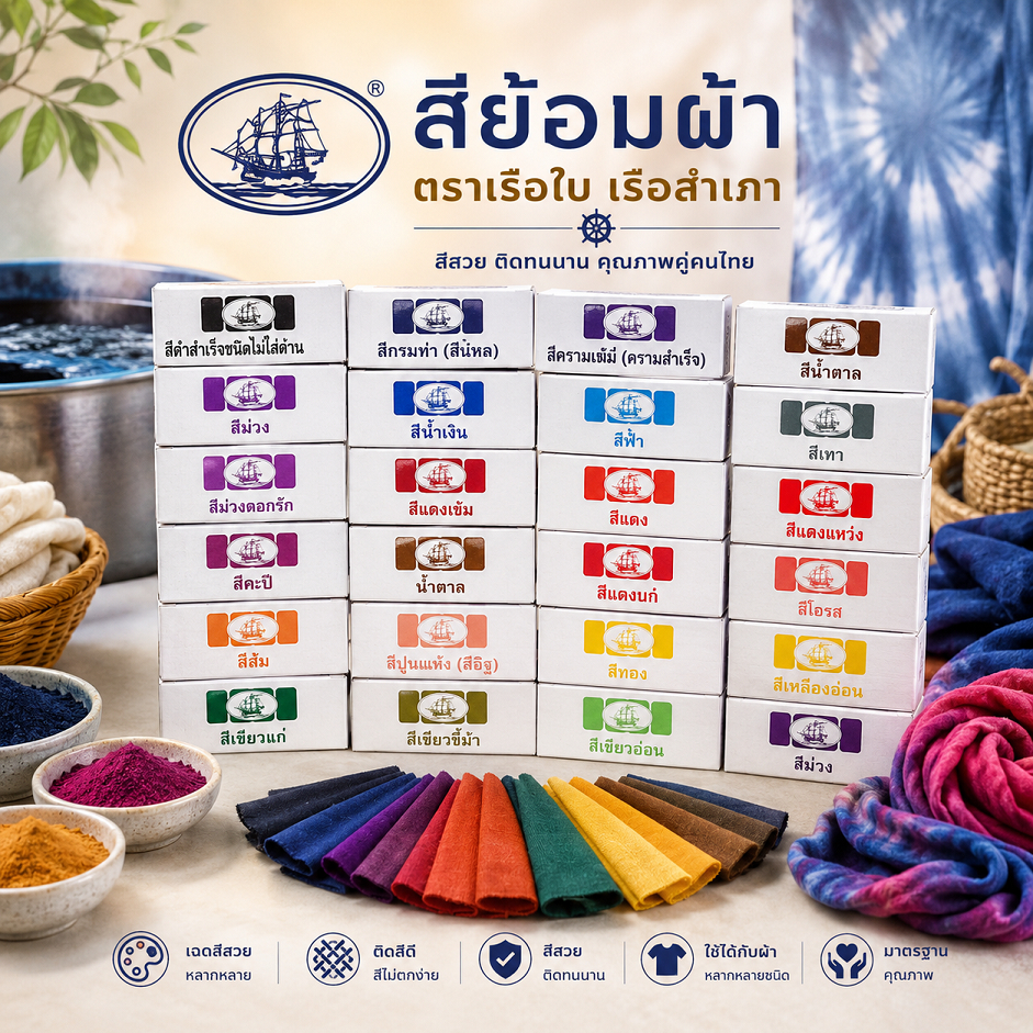สีย้อมผ้า สีย้อม ตราเรือใบ ตราเรือสำเภา ราคาต่อกล่อง 12 ซอง