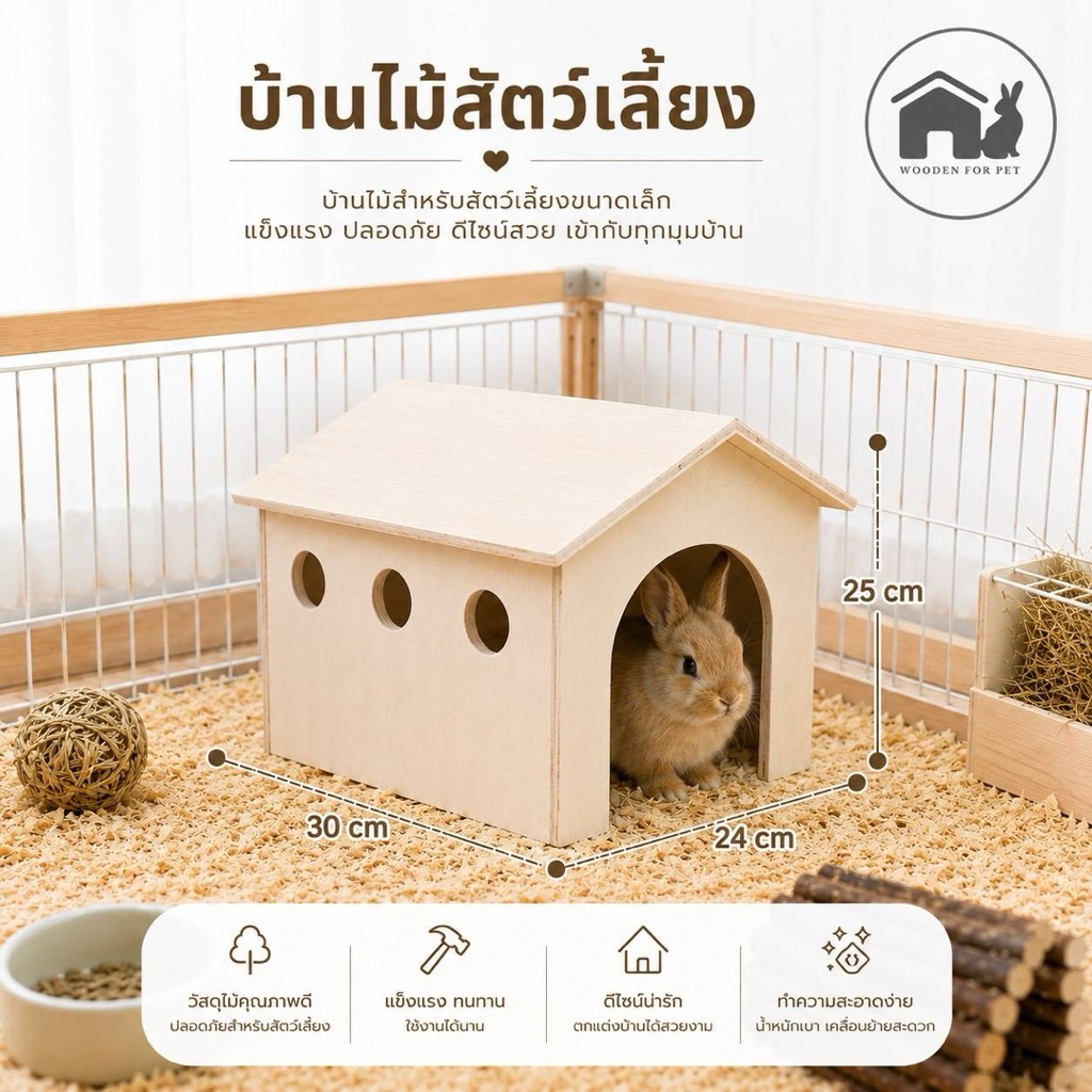 บ้านไม้หลบสัตว์เลี้ยง **หน้าจั่วทึบใหญ่** 24x30x25cm. บ้านไม้กระต่าย หนูแกสบี้ เม่นแคระ เต่า แพรี่ด็อก