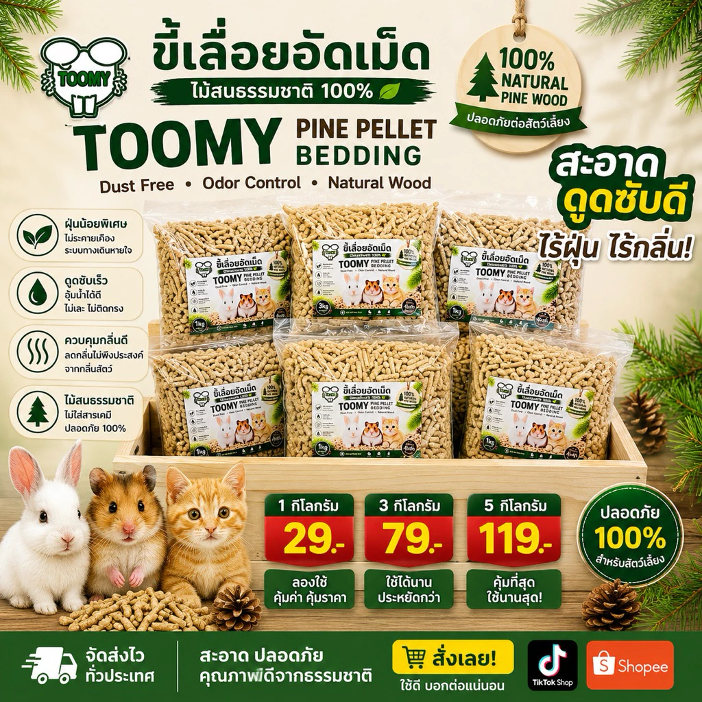 TOOMY ขี้เลื่อยอัดเม็ด ไม้สนธรรมชาติ 100% สำหรับรองกรงสัตว์เลี้ยง ดูดซับกลิ่นและชื้น ฝุ่นน้อย ใช้งานสะอาด