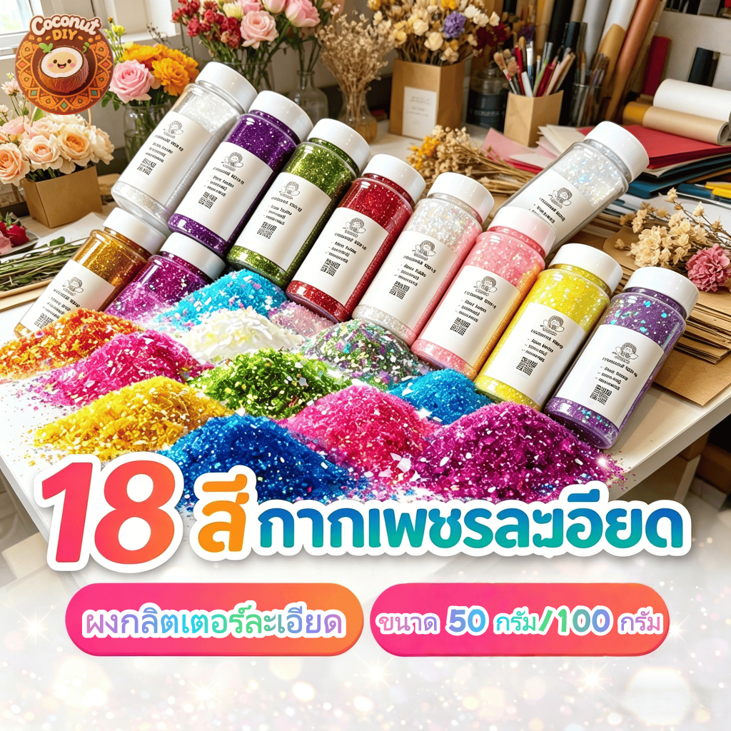 ผงกากเพชร DIY กลิตเตอร์ละเอียด 50/100กรัม ผงทองหลายสี ไม่ละลาย ไม่กระเด็น งานฝีมือ DIY พร้อมส่งไทย