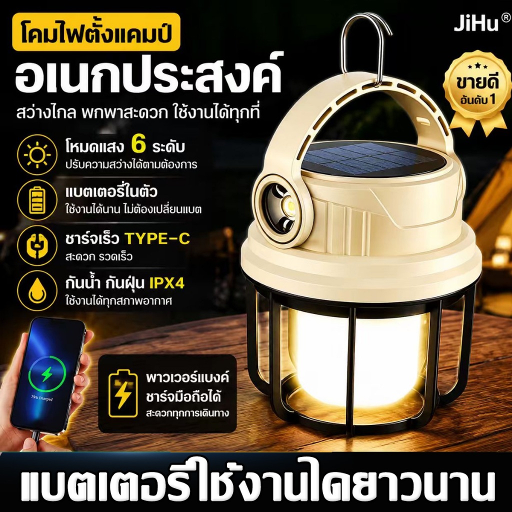🔥🔥โคมไฟตั้งแคมป์ Type-C ชาร์จ/ใส่ถ่า โหมดแสง 6 ระดับ แบบชาร์จไฟ  ไฟกลางคืน ไฟตั้งแคมป์กลางแจ้ง ไฟตะเกียงแคมป์ป เปลวไฟโคม